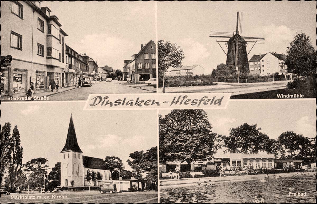 Dinslaken. Hiesfeld - Sterkrader Straße, Windmühle, Kirche, Freibad, 1965