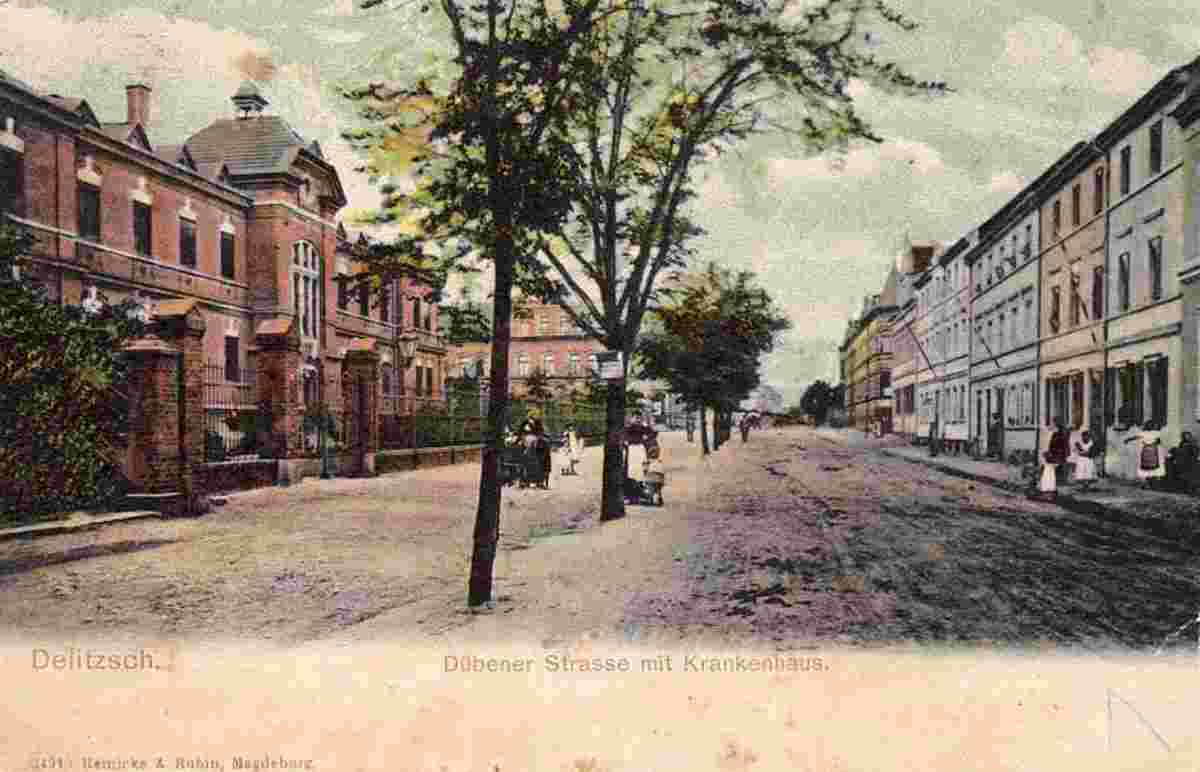 Delitzsch. Dübener Straße mit Krankenhaus, 1909