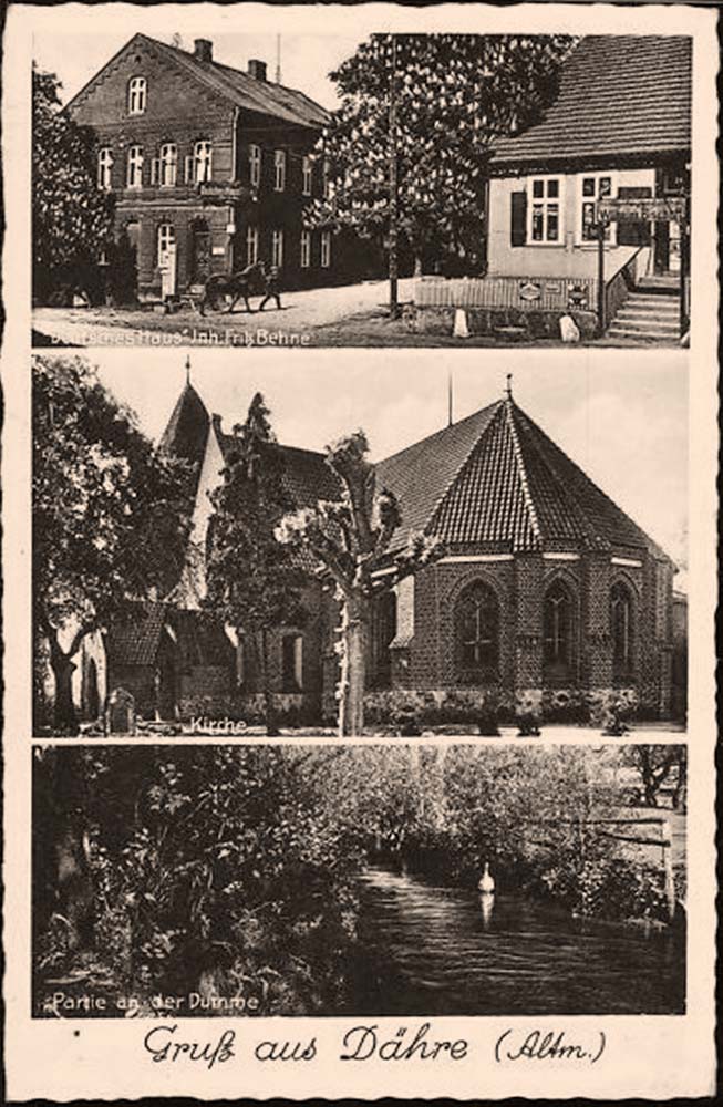 Dähre. Gasthaus 'Deutsches Haus', Kirche, an der Dumme, 1940