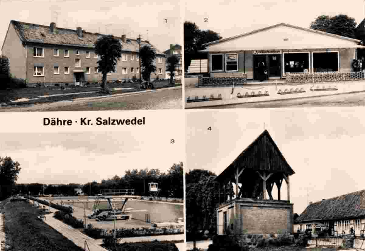 Dähre. Neubauten an der Friedensstraße, Einkaufszentrum, Waldbad, Glockenturm, 1989