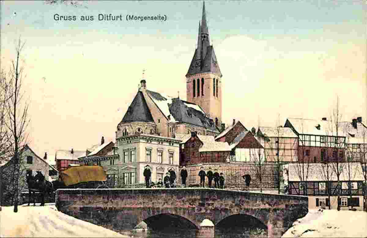 Ditfurt. Pferdekutsche und Kinder am Brücke, Kirche