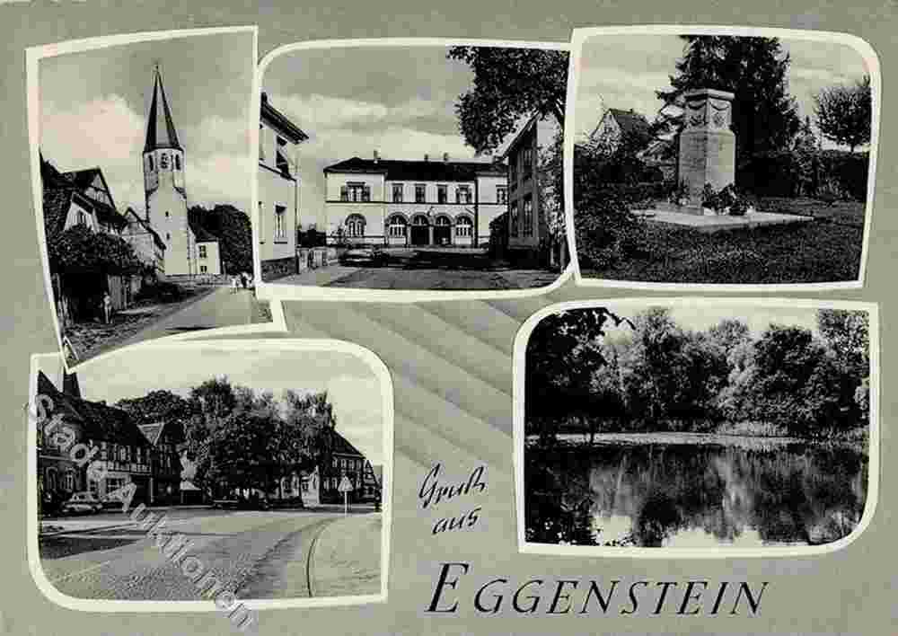 Eggenstein - Kirche, Denkmal, Teich und Ortsstraßen
