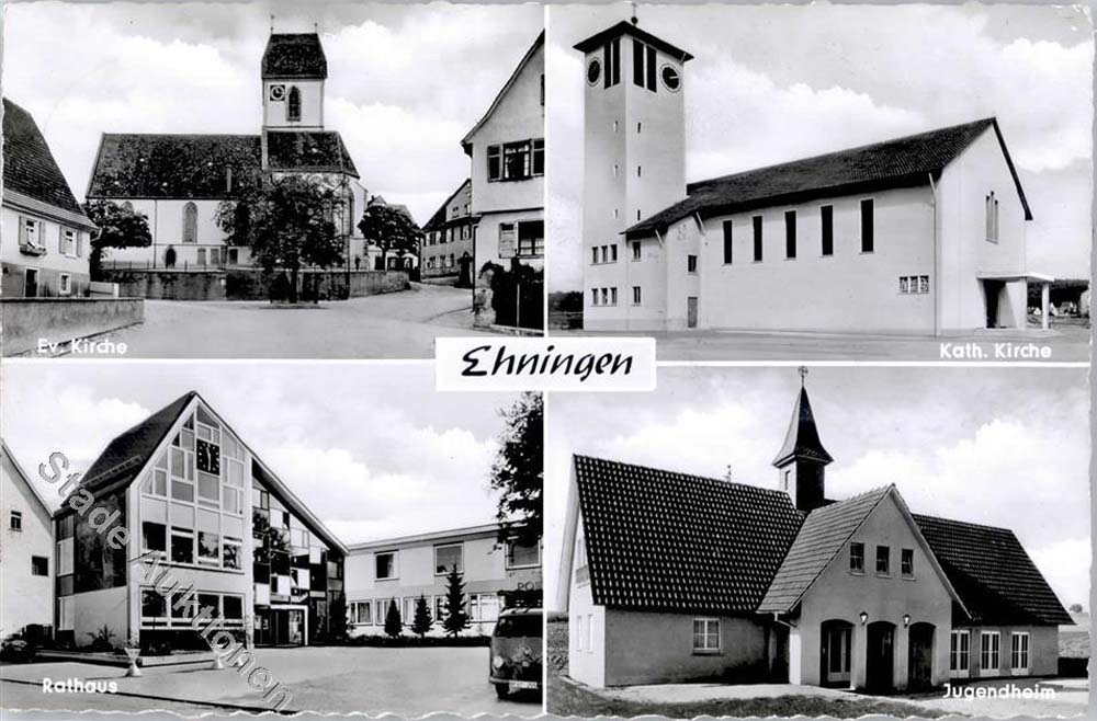 Ehningen. Evangelische und Katholische Kirchen, Rathaus, Jugendheim