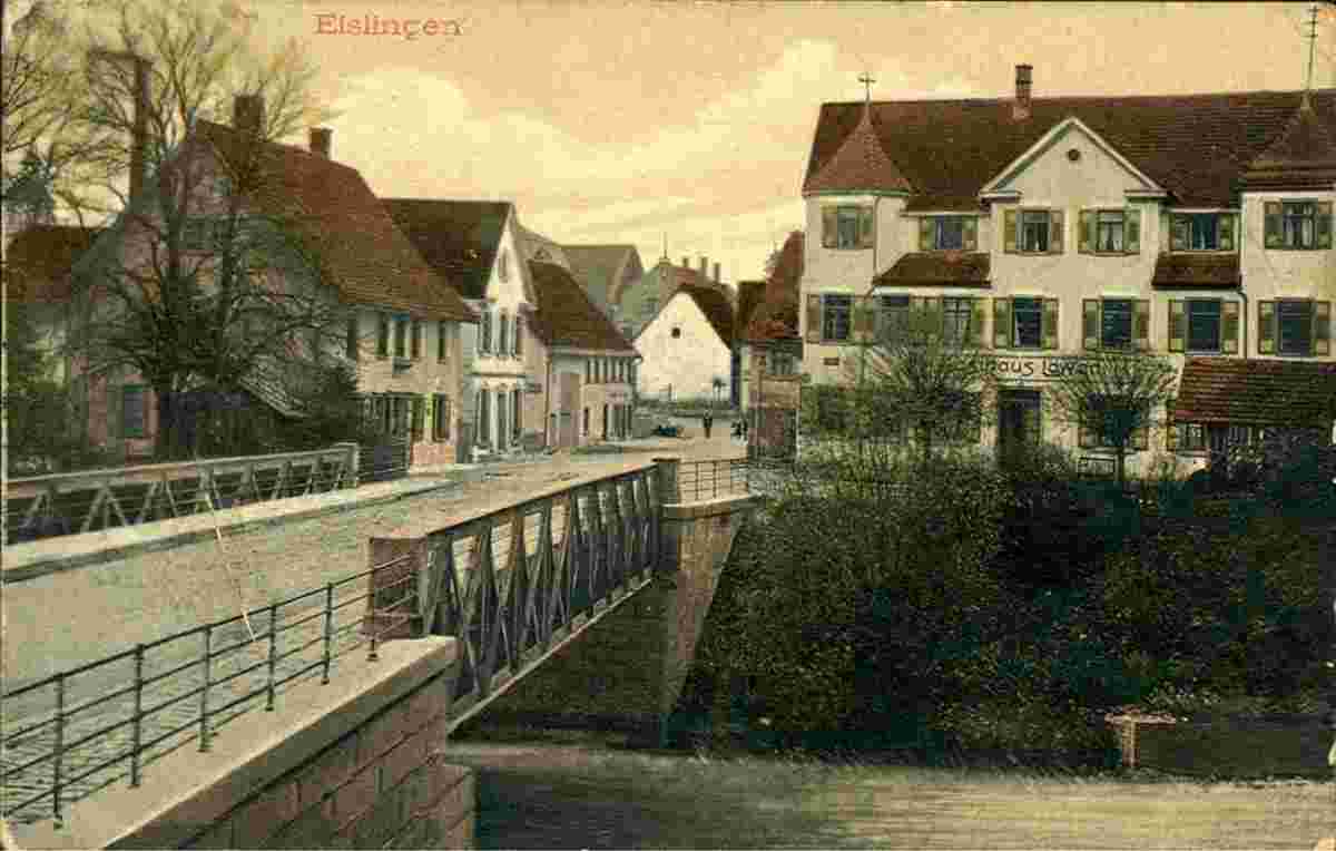 Eislingen. Stadt Straße mit brücke, Gasthaus Löwen, 1907