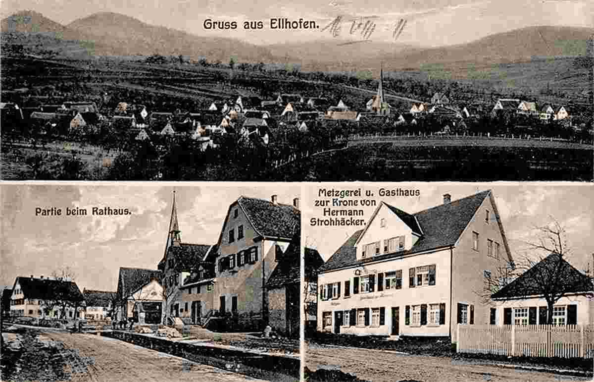 Ellhofen. Rathaus, Metzgerei, Gasthaus Zur Krone von Hermann Strohhäcker