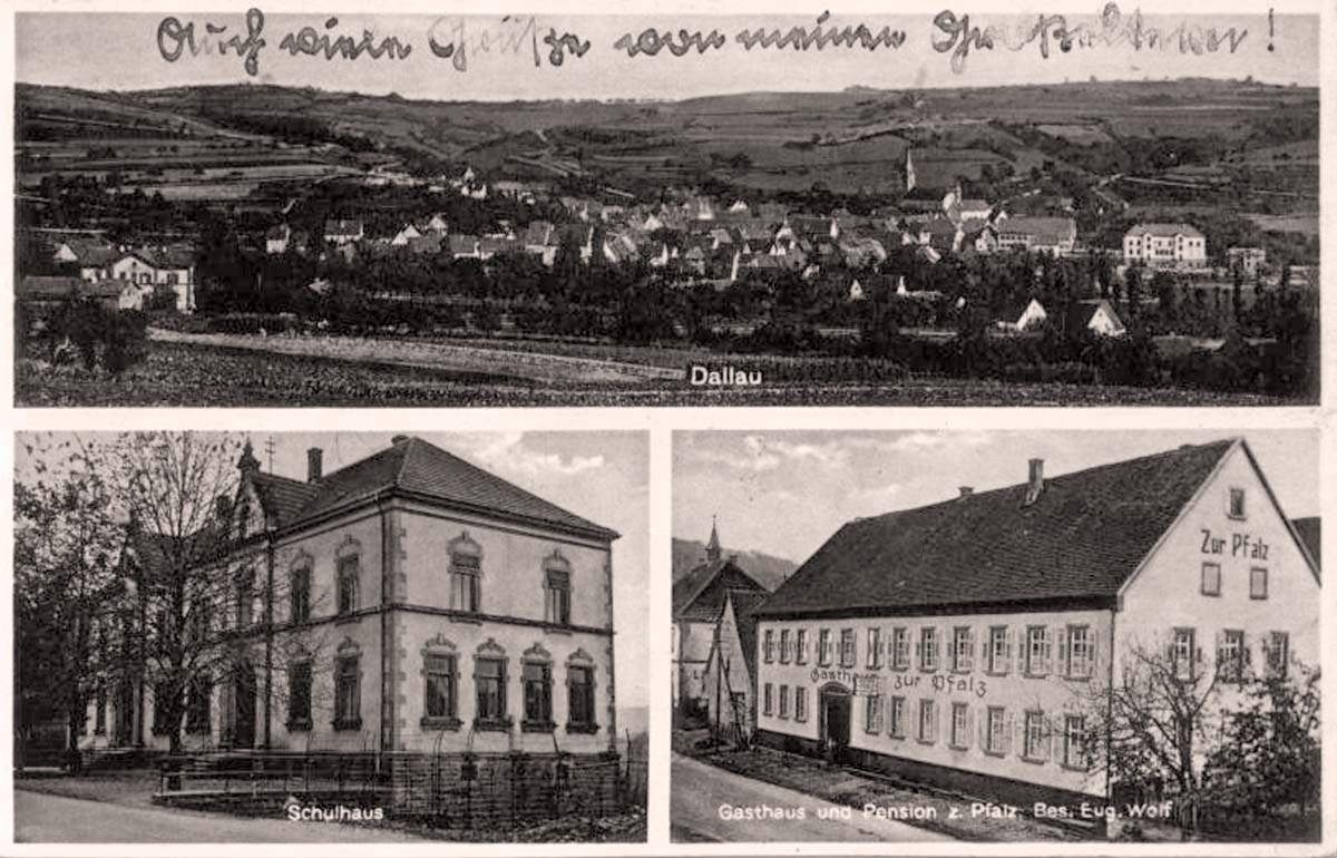Elztal (Odenwald). Dallau - Schulhaus, Gasthaus zur Pfalz, 1939