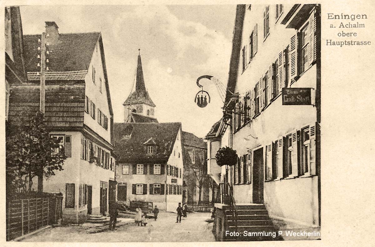 Eningen unter Achalm. Gasthaus Drei K�nig und Kreuz am Obere Hauptstra�e, Blick auf die Kirche, 1910