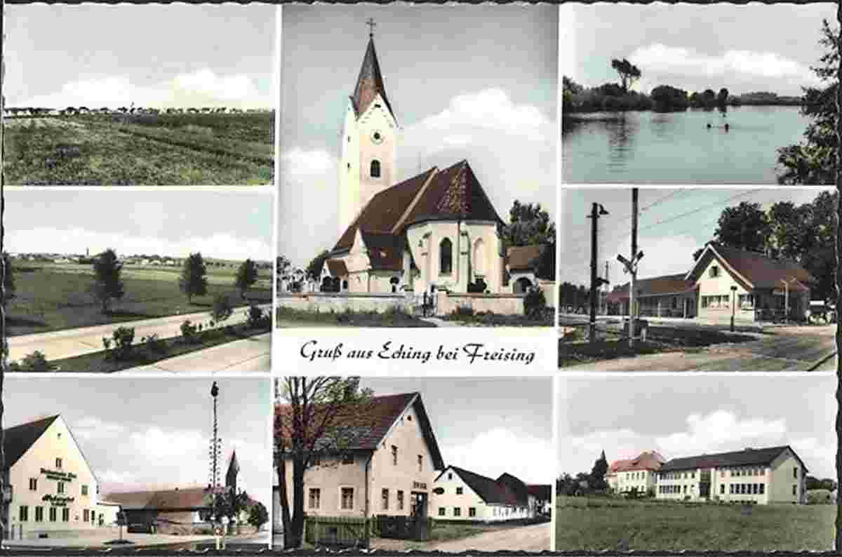 Eching (Freising). Bahnhof, Gasthaus, Lebensmittelgeschäft 'Edeka', Kirche, 1968