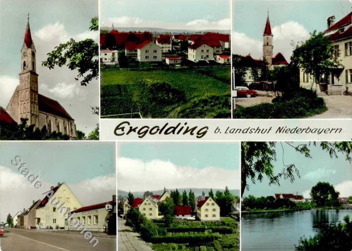 Ergolding. Panorama von Kirche, See und Gebäuden, 1971