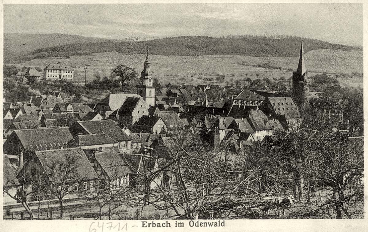 Blick auf Erbach im Odenwald und Eisenbahn, 1917