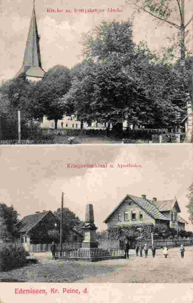 Edemissen. Kirche und 1000 Jähriger Linde, Kriegerdenkmal und Apotheke, 1906