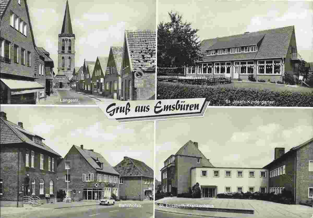 Emsbüren. Lange Straße, St Josefs Kindergarten, Bahnhofstraße, St Elisabeth Krankenhaus