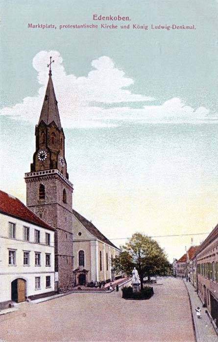 Edenkoben. Marktplatz, protestantische Kirche und König Ludwig-Denkmal