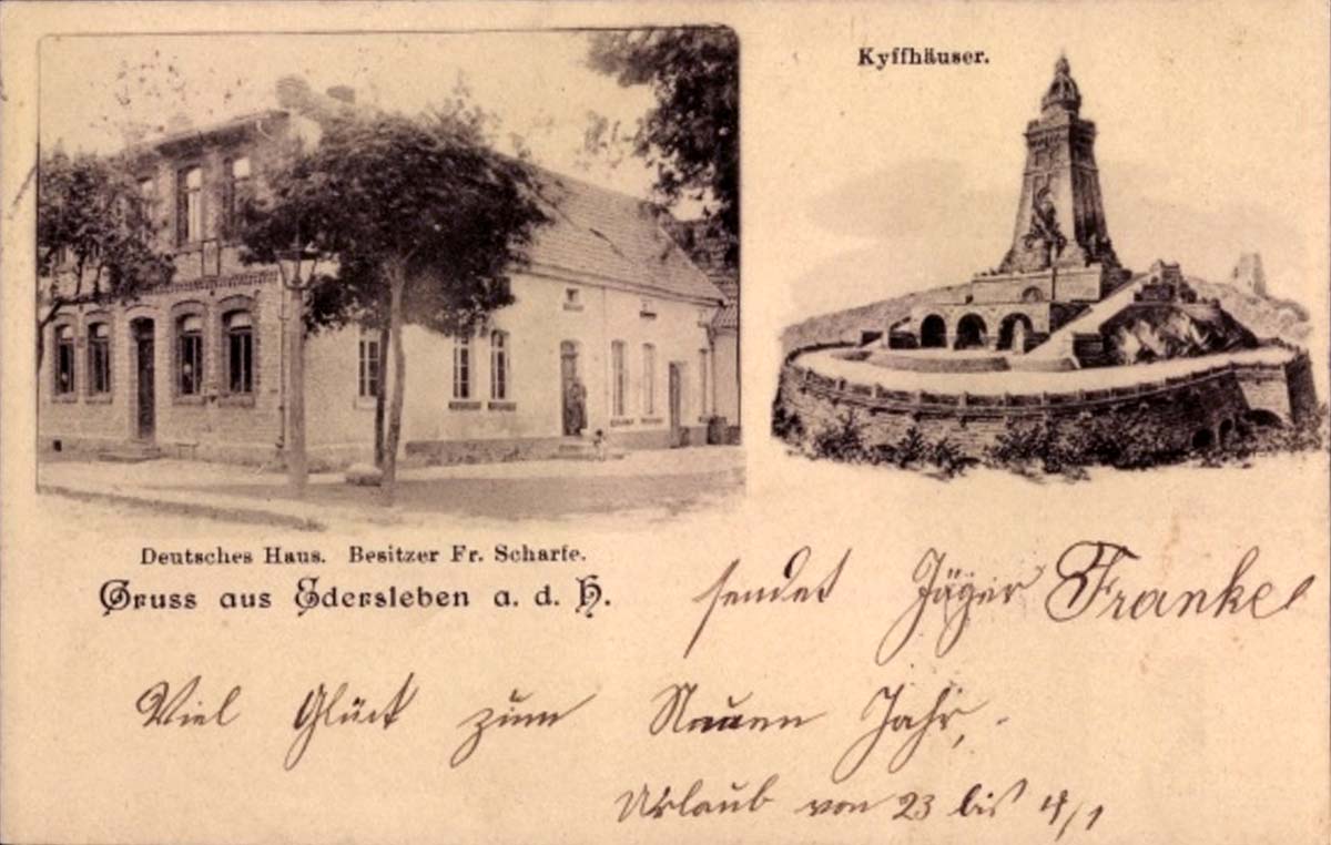 Edersleben. Gasthaus 'Deutsches Haus', Besitzer Fr. Scharfe, Kyffhäuserdenkmal, 1904