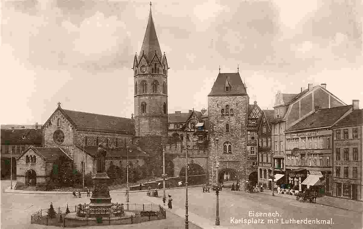 Eisenach. Karlsplatz, Lutherdenkmal, Nikolaikirche und Nikolaitor