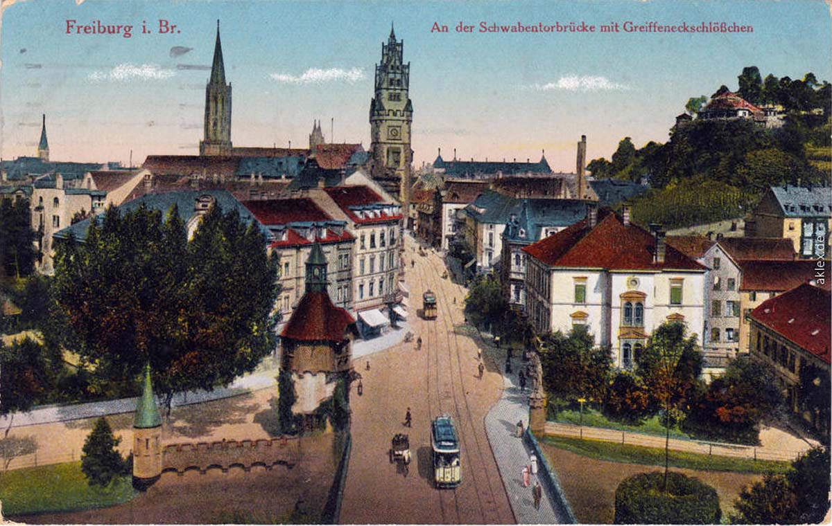 Freiburg im Breisgau. An der Schwabentorbrücke mit Greiffeneggschlösschen, 1917