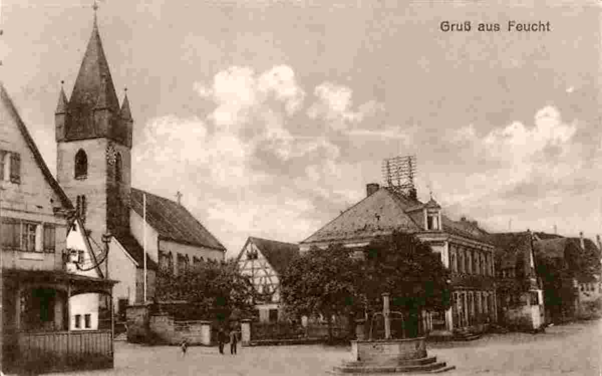 Feucht. Brunnen und Kirche, 1916