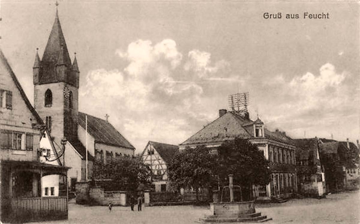 Feucht (Mittelfranken). Brunnen und Kirche, 1916