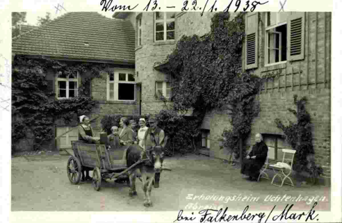 Falkenberg (Mark). Uchtenhagen - Erholungsheim, Gruppenbild auf Eselkarren, 1938