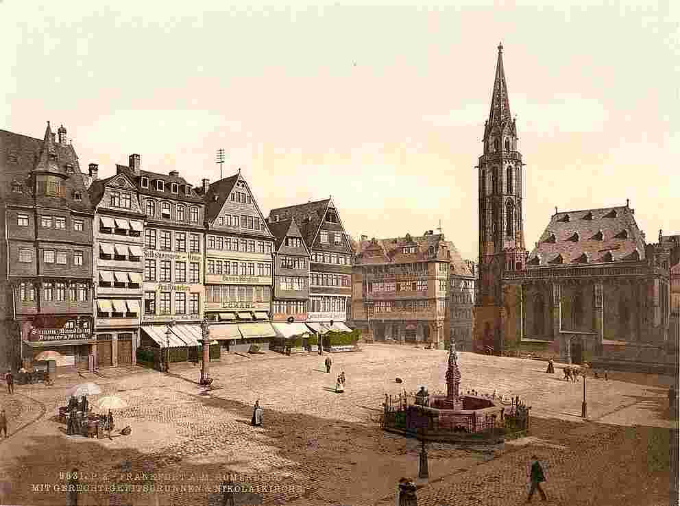 Frankfurt am Main. Römerberg mit Gerechtigkeitsbrunnen und Nikolaikirche