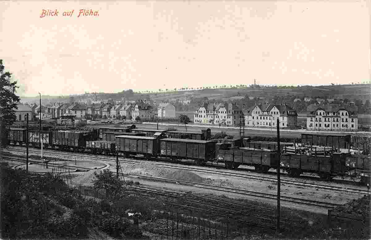 Blick auf Flöha, Güterzüge, 1913