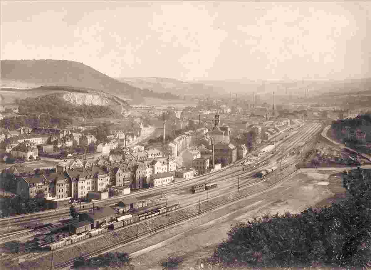 Freital. Potschappel - Blick auf Bahn mit Rathausturm, 1919