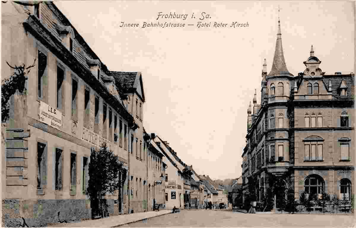 Frohburg. Innere Bahnhofstraße und Hotel Roter Hirsch, 1918