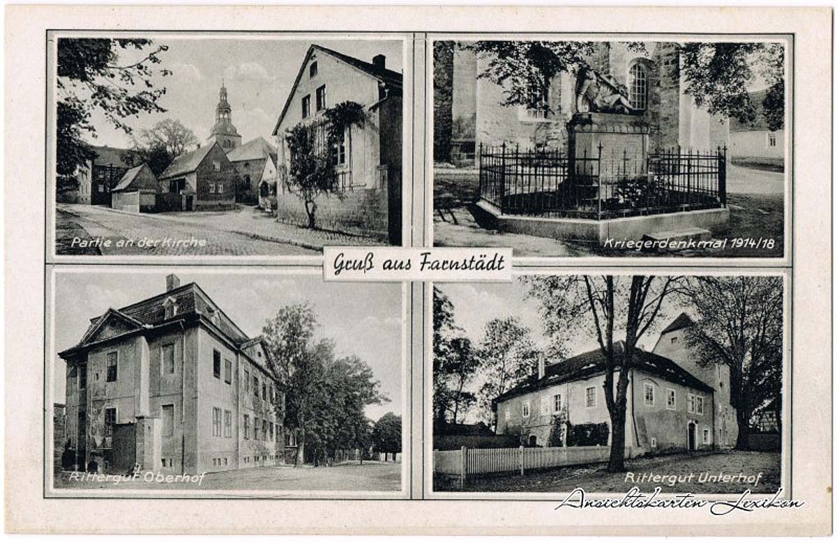 Farnstädt. Kirche, Kriegerdenkmal, Rittergut Oberhof und Rittergut Unterhof, 1939