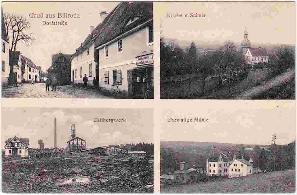 Finne. Billroda - Dorfstrasse, Kalibergwerk, Kirche und Schule, Ehemalige Mühle, 1911