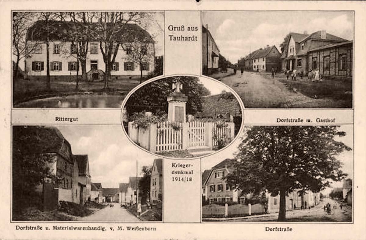 Finne. Tauhardt - Rittergut, Dorfstrassen mit Gasthof, Handlung M. Weissenborn, Kriegerdenkmal, 1934