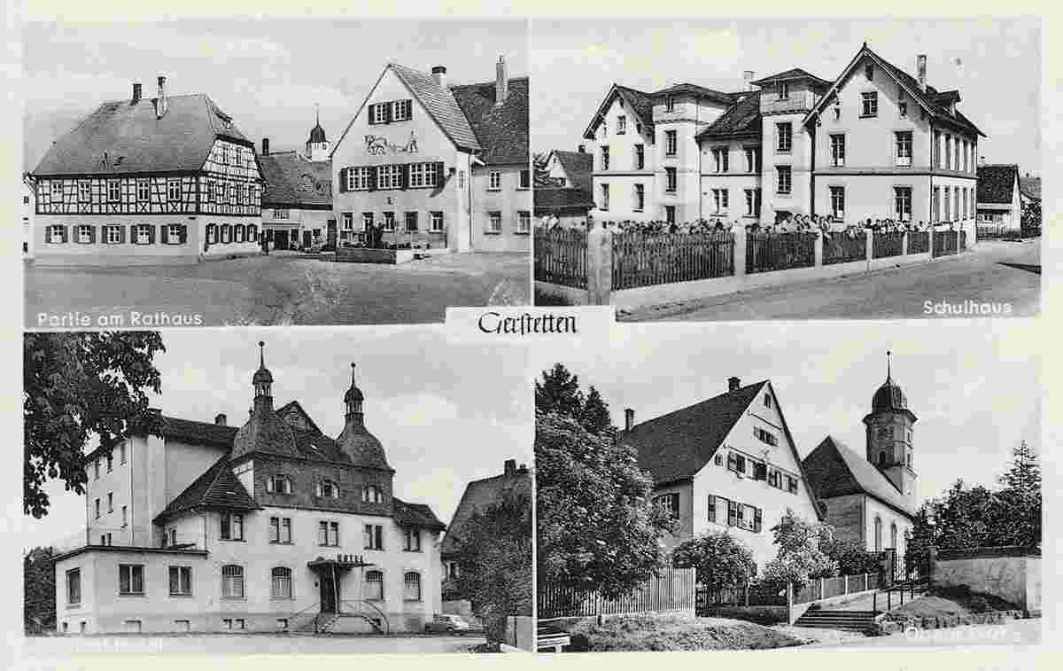 Gerstetten. Rathaus, Schulhaus, Bahnhof Hotel, Obere Kirche, 1930