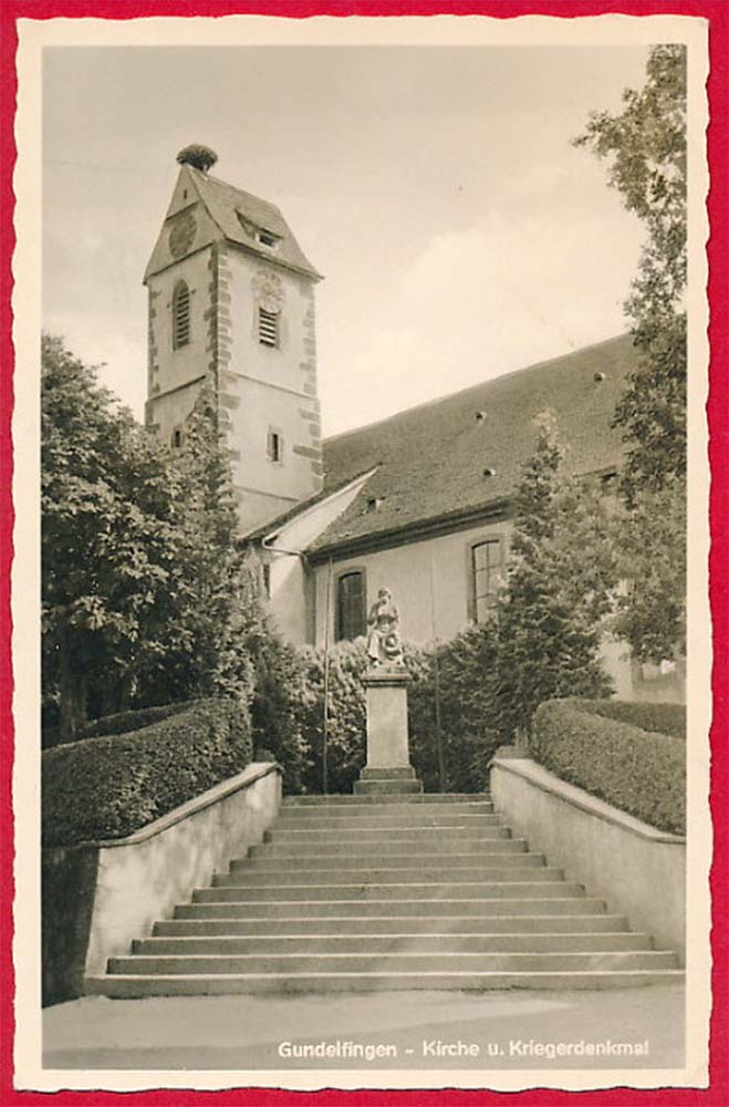 Gundelfingen (Breisgau). Gundelfingen - Kirche und Kriegerdenkmal, 1956