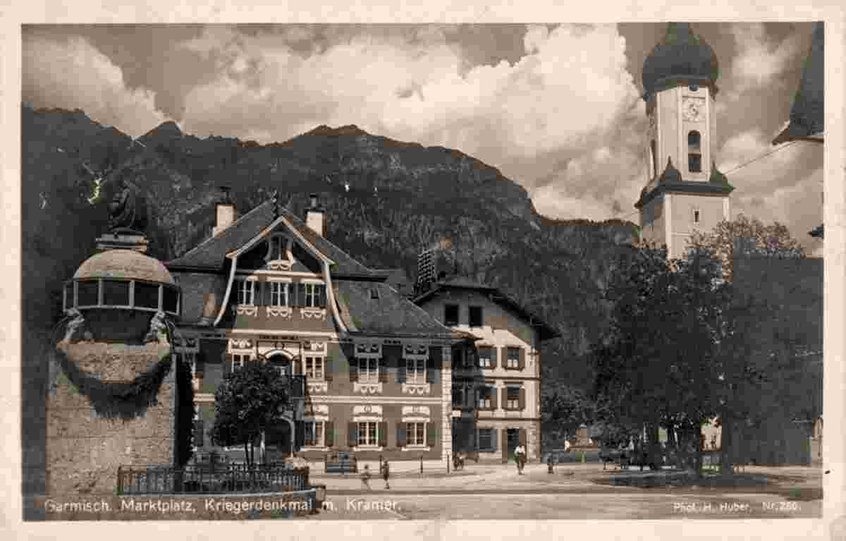Garmisch-Partenkirchen. Marienplatz, Kriegerdenkmal, Kirche, Blick zum Kramer, 1924