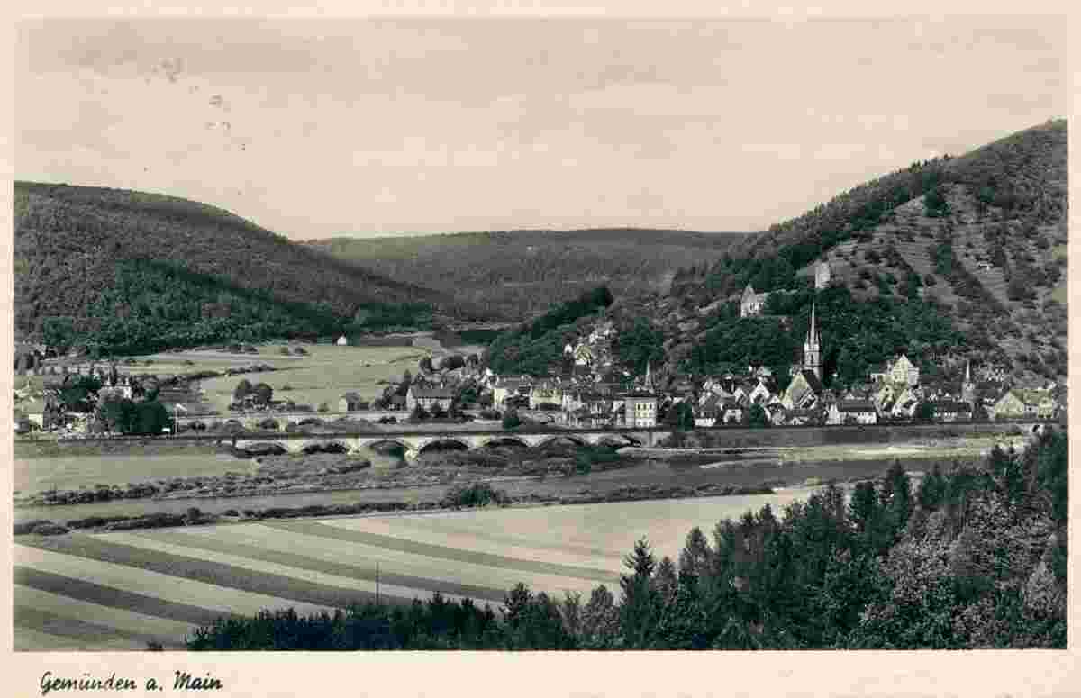 Gemünden am Main. Eisenbahnbrücke über Fränkische Saale und Mühlbach, 1936