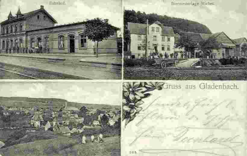 Gladenbach. Bahnhof, Bierniederlage Michel, Panorama der Stadt, 1909