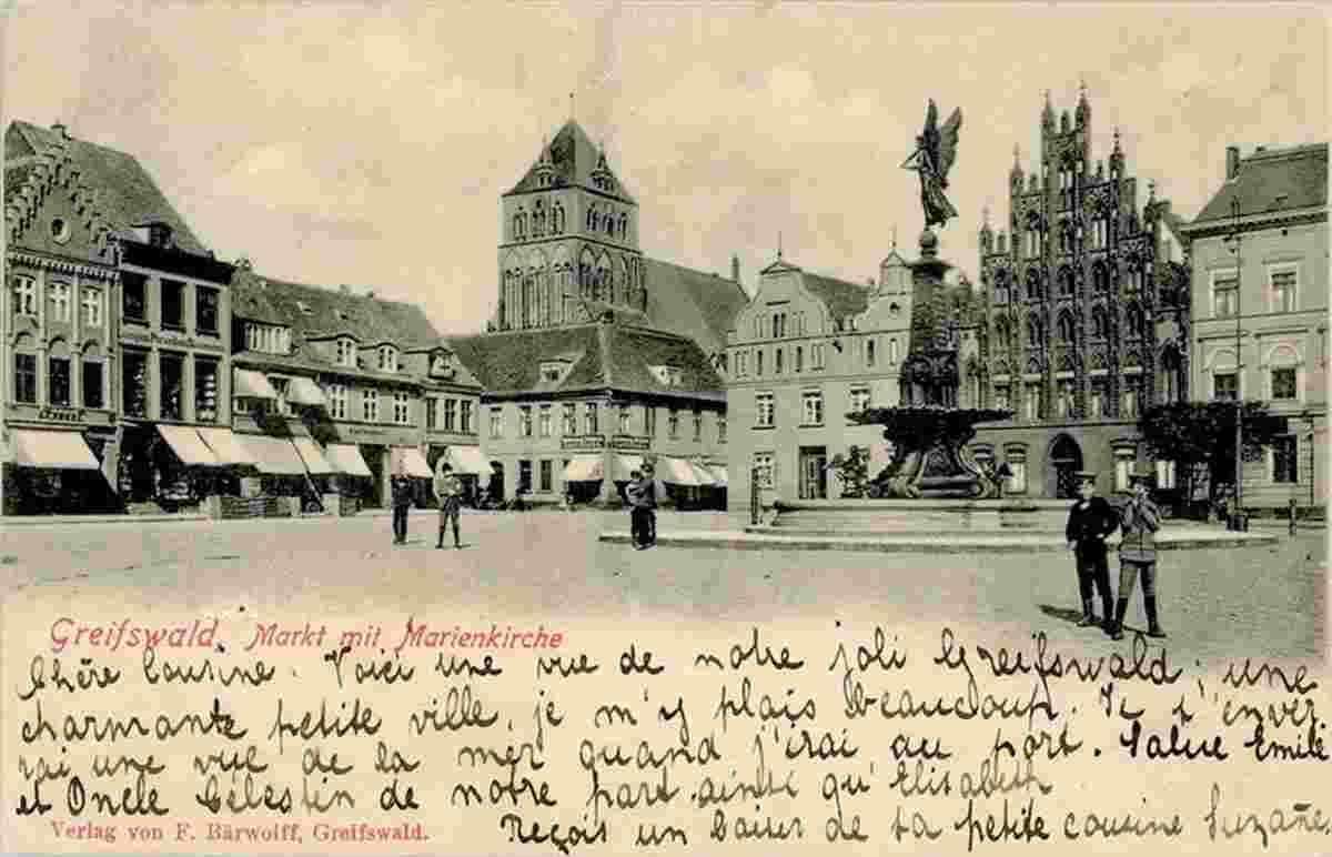 Greifswald. Marktplatz und Kinder, Marienkirche, 1904