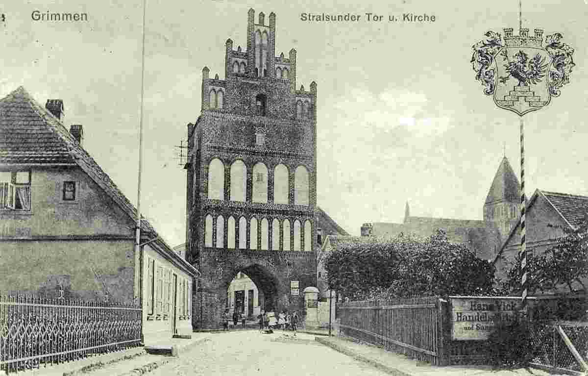 Grimmen. Stralsunder Tor und Kirche, 1918