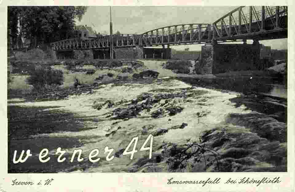 Greven. Der Emswasserfall mit der Brücke, 1938