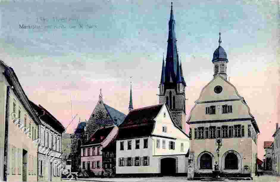 Gau-Algesheim. Marktplatz mit  Kirche und Rathaus, 1911