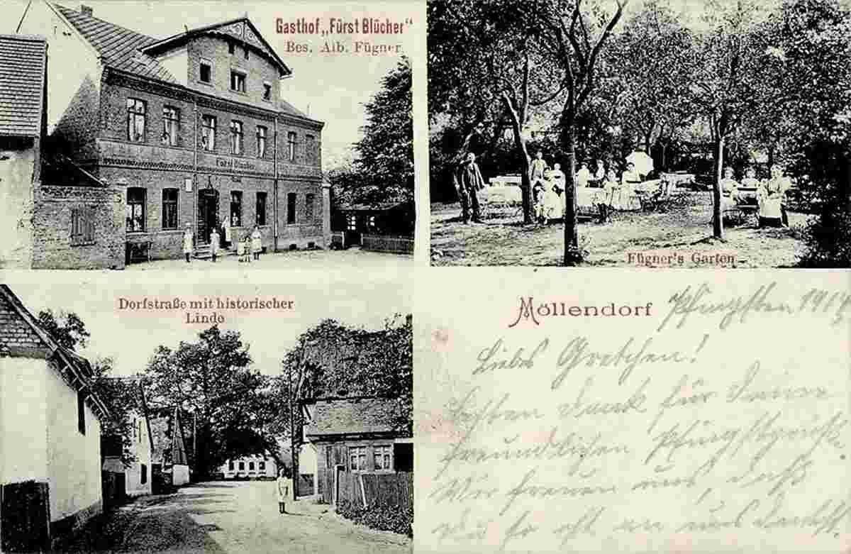 Goldbeck (Altmark). Möllendorf - Gasthaus 'Fürst Blücher', Dorfstraße mit Historischer Linde, Fügner's Garten