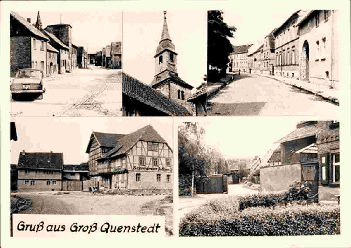 Groß Quenstedt. Blick von Dorfstrassen, Kirche, Gasthaus 'Schwarzer Adler'