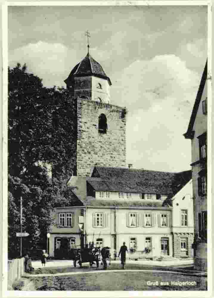 Haigerloch. Römerturm mit Gasthof mit Brauerei Maier, 1958