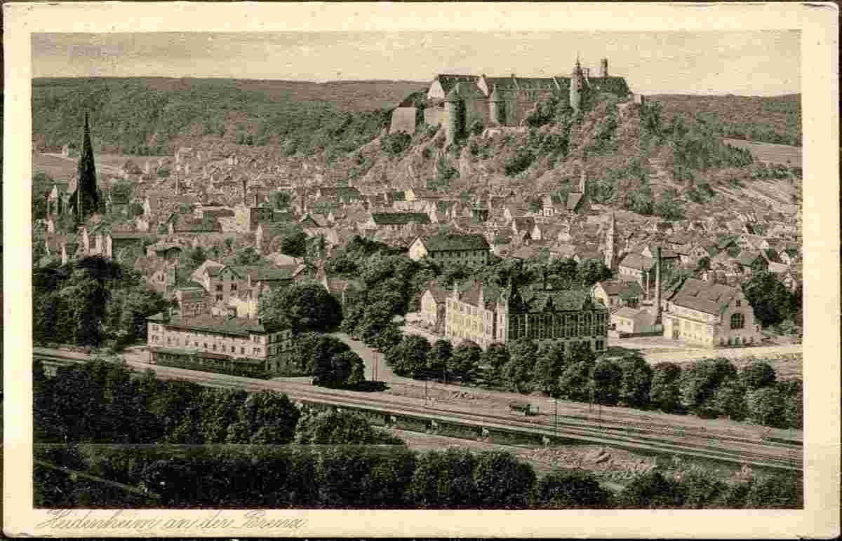 Heidenheim an der Brenz. Panorama von Stadt mit Bahnhof, 1910
