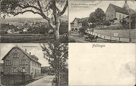 Hettingen. Lehrerwohnhaus, Kirche, Schule und Rathaus