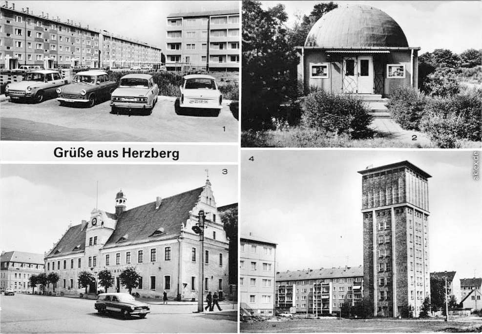 Herzberg (Elster). Am Wilhelm-Pieck-Ring, Planetarium, Rathaus, Wasserturm, 1982