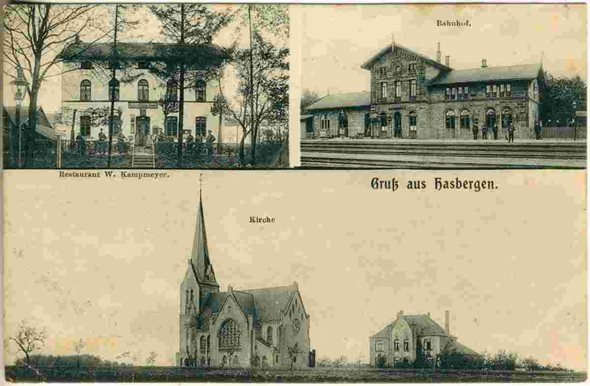 Hasbergen. Restaurant W. Kampmeyer, Bahnhof, Kirche und Pfarrhaus, 1910