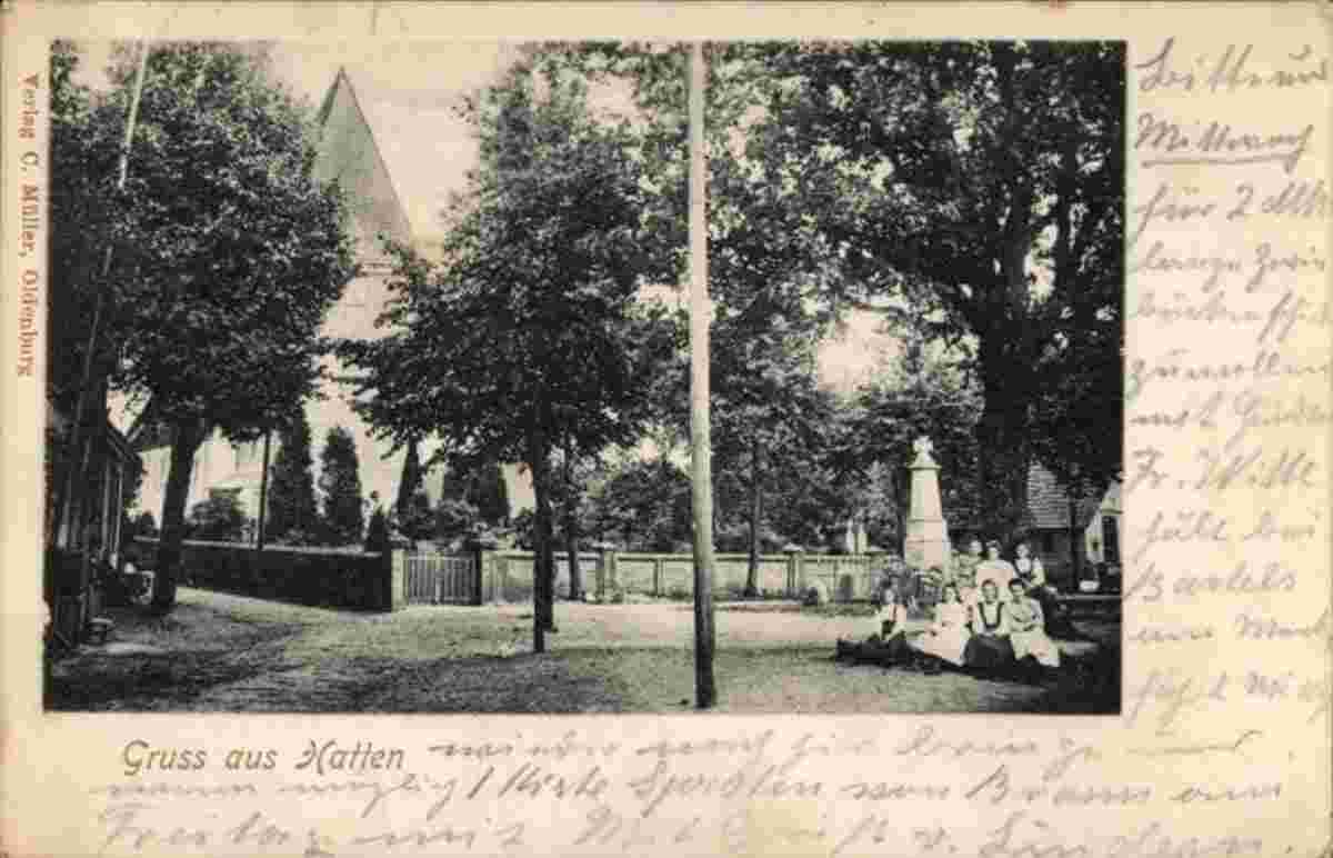 Hatten. Kirche, Denkmal, Gruppe von Mädchen, 1903