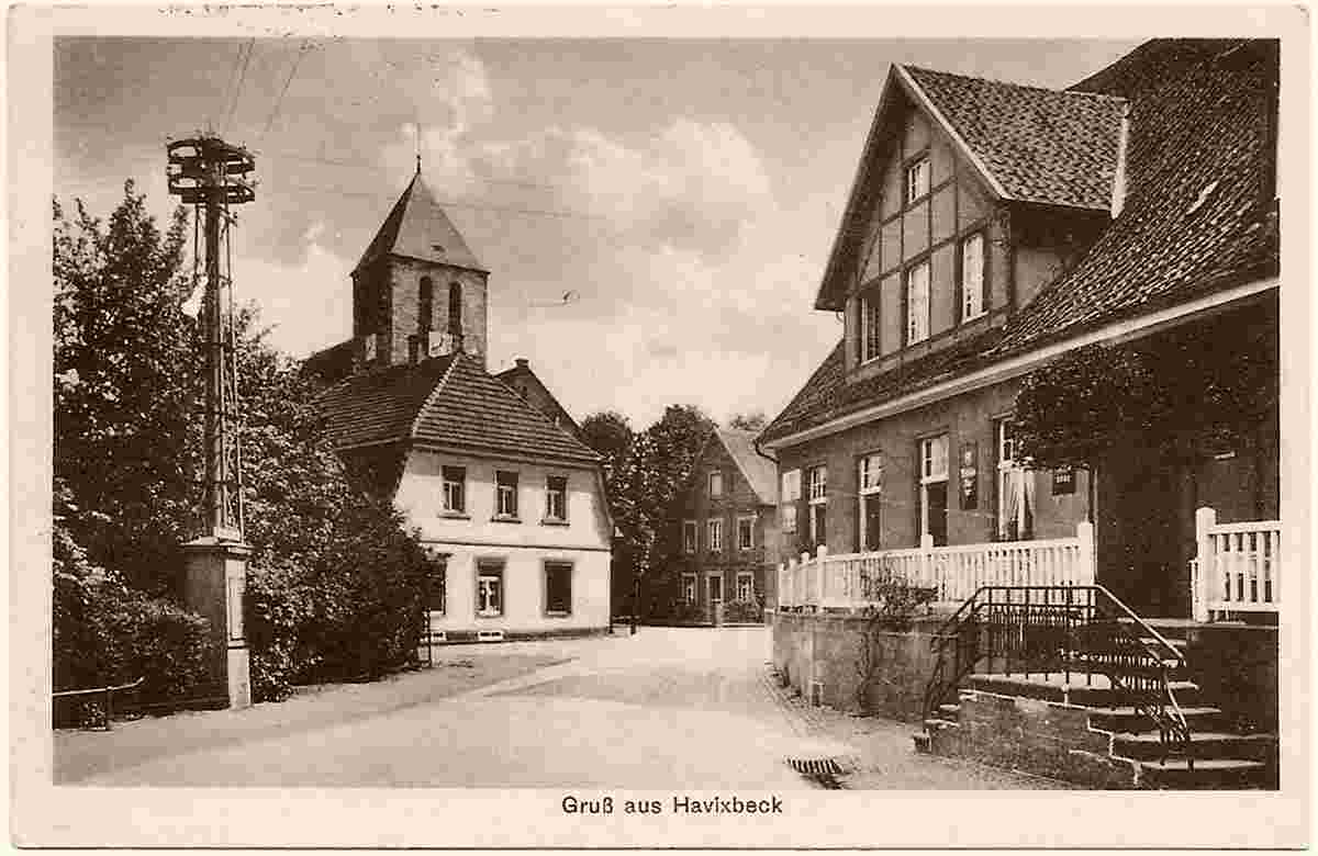 Havixbeck. Blick auf Strasse mit Kirche, 1932