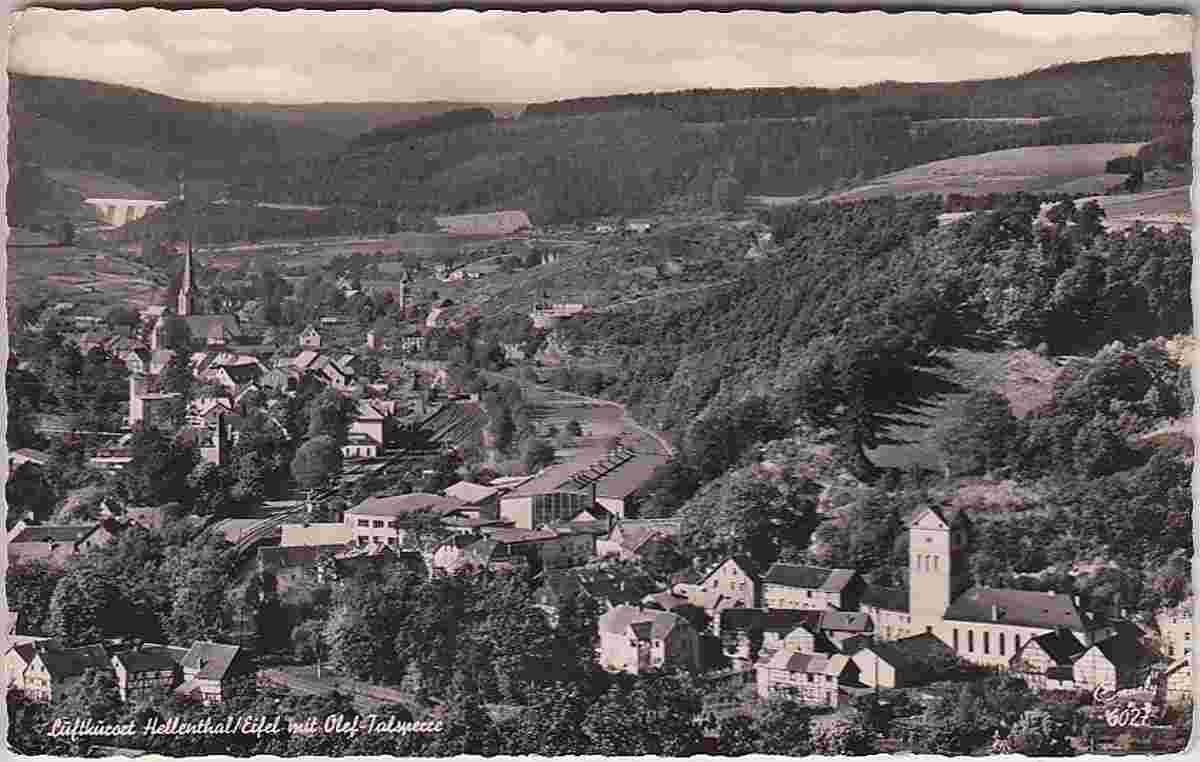 Hellenthal. Ortsansicht mit Oleftalsperre, um 1950