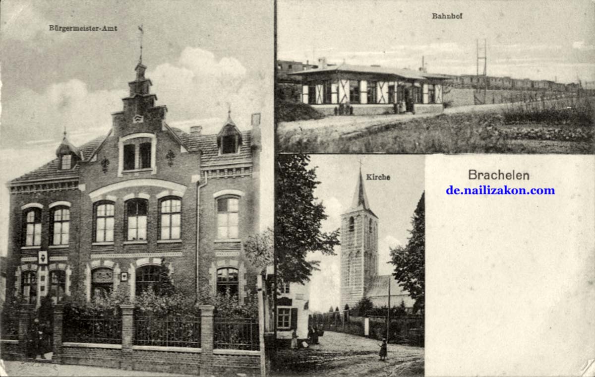 Hückelhoven. Stadtteil Brachelen - Bürgermeisteramt, Bahnhof und Kirche, 1911